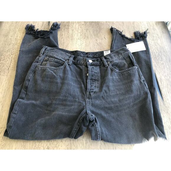 Free People Rugged Black Distressed Ankle Fly Button Straight Leg Jean - 29 - Picture 4 of 8